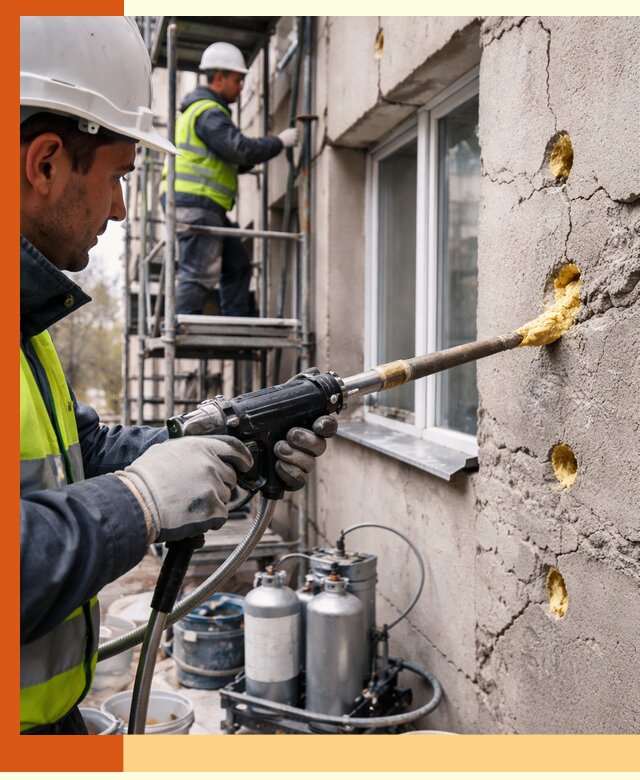 Заполнение пустот в фасаде и утепление стен в Когалыме